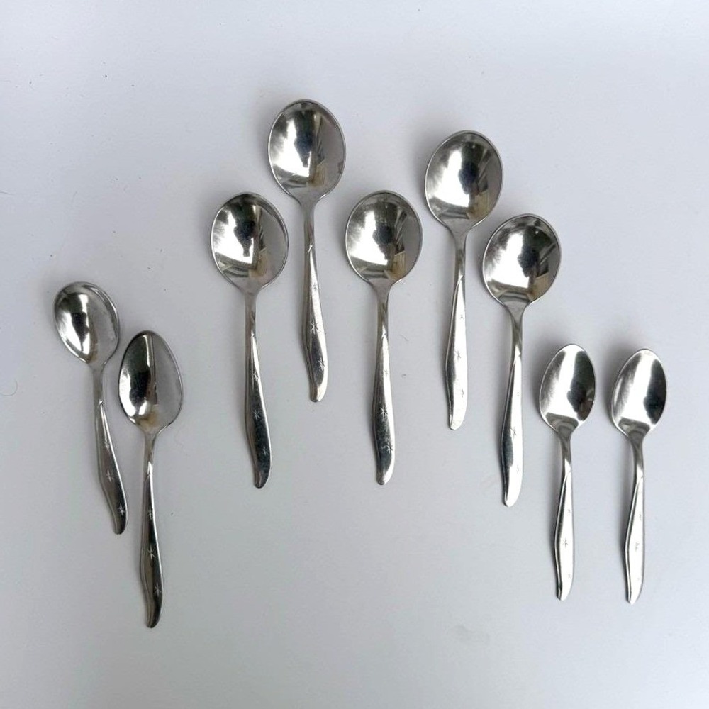 VTG 60s Mar-Crest Spoons Atomic Star Stainless Steel Spoons (9) soup, others